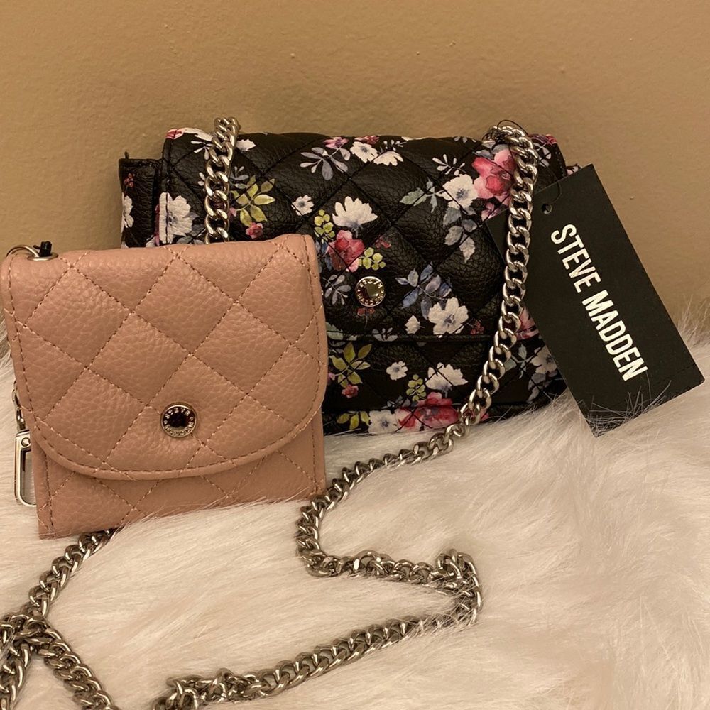 NWT Steve Madden Black Floral Purse w/ Matching Mini Pouch -l